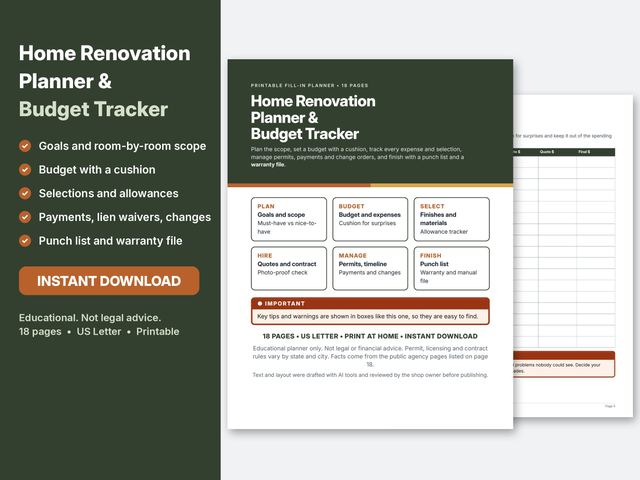 Cover preview of the Home Renovation Planner printable