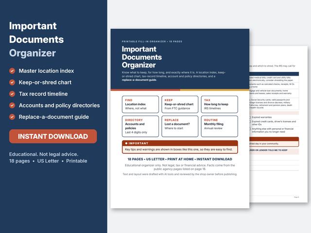 Cover preview of the Important Documents Organizer printable