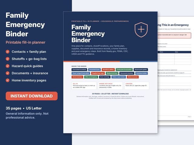 Cover preview of the Family Emergency Binder printable