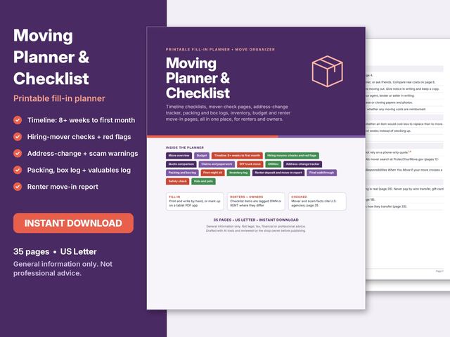 Cover preview of the Moving Planner and Checklist printable